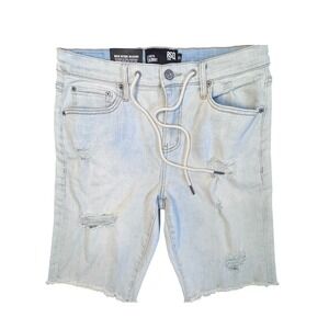 RSQ London Skinny Mens Denim Shorts Light Wash Distressed Drawstring Blue 31